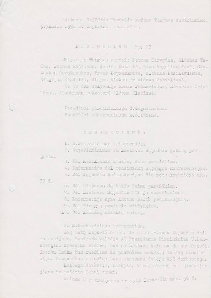 Lietuvos Sajūdžio Pasvalio rajono Tarybos susirinkimo, įvykusio 1991 m. lapkričio 21 d., PROTOKOLAS Nr. 27